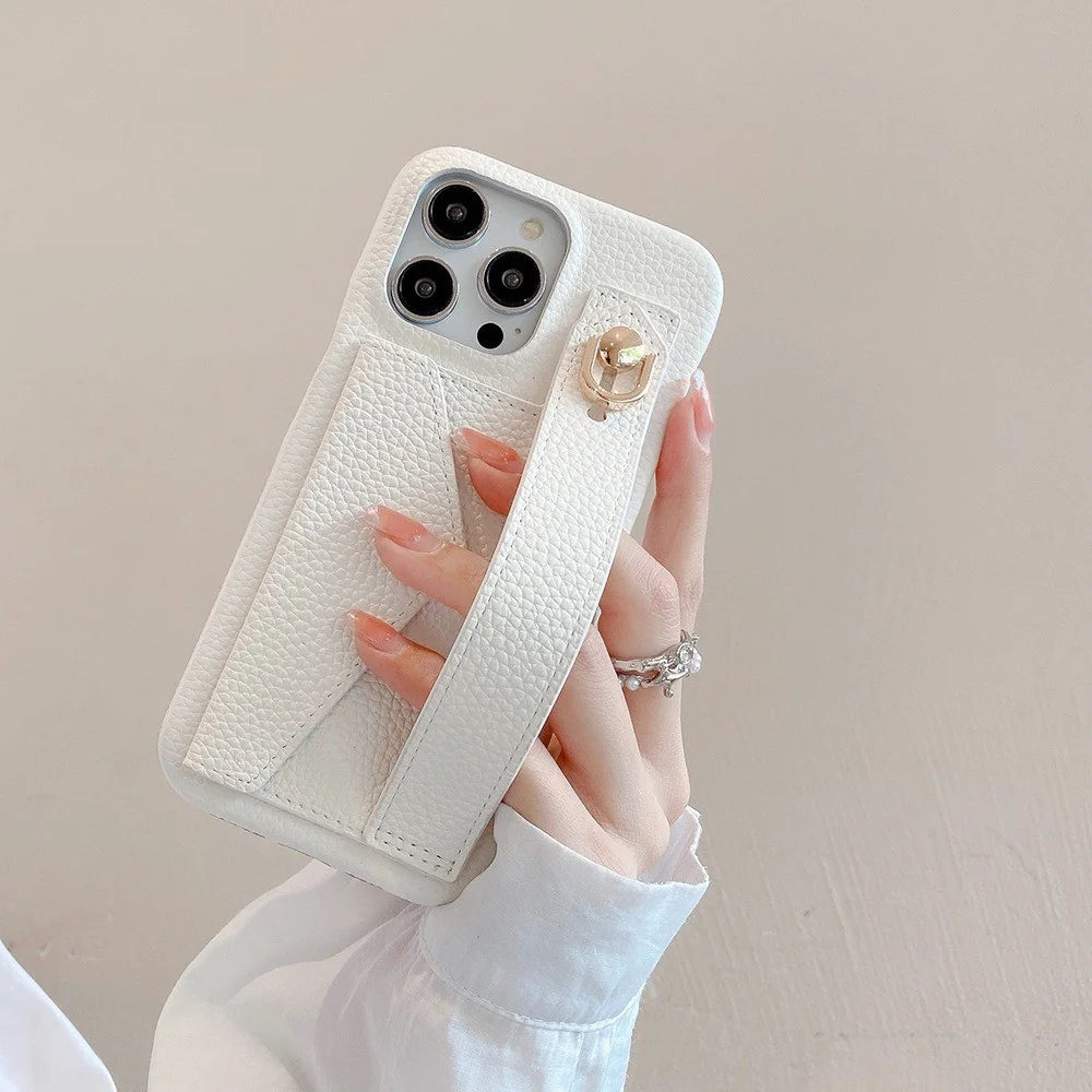 For iPhone 16 Pro Max Case Wristband Kickstand Card Slot PU Leather+PET Phone Cover - White - 4