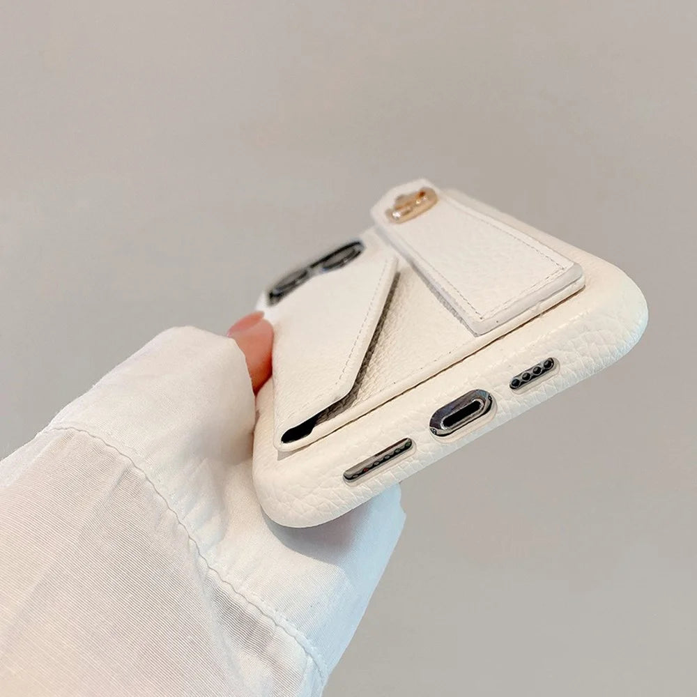 For iPhone 16 Pro Max Case Wristband Kickstand Card Slot PU Leather+PET Phone Cover - White - 5