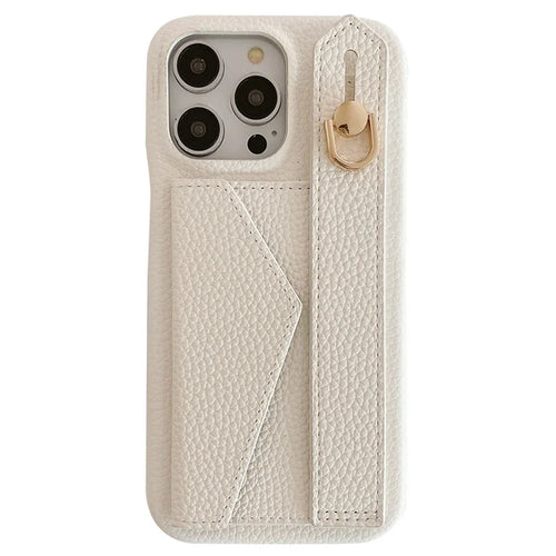 For iPhone 16 Pro Case Wristband Kickstand Card Slot PU Leather+PET Phone Cover - White - 1