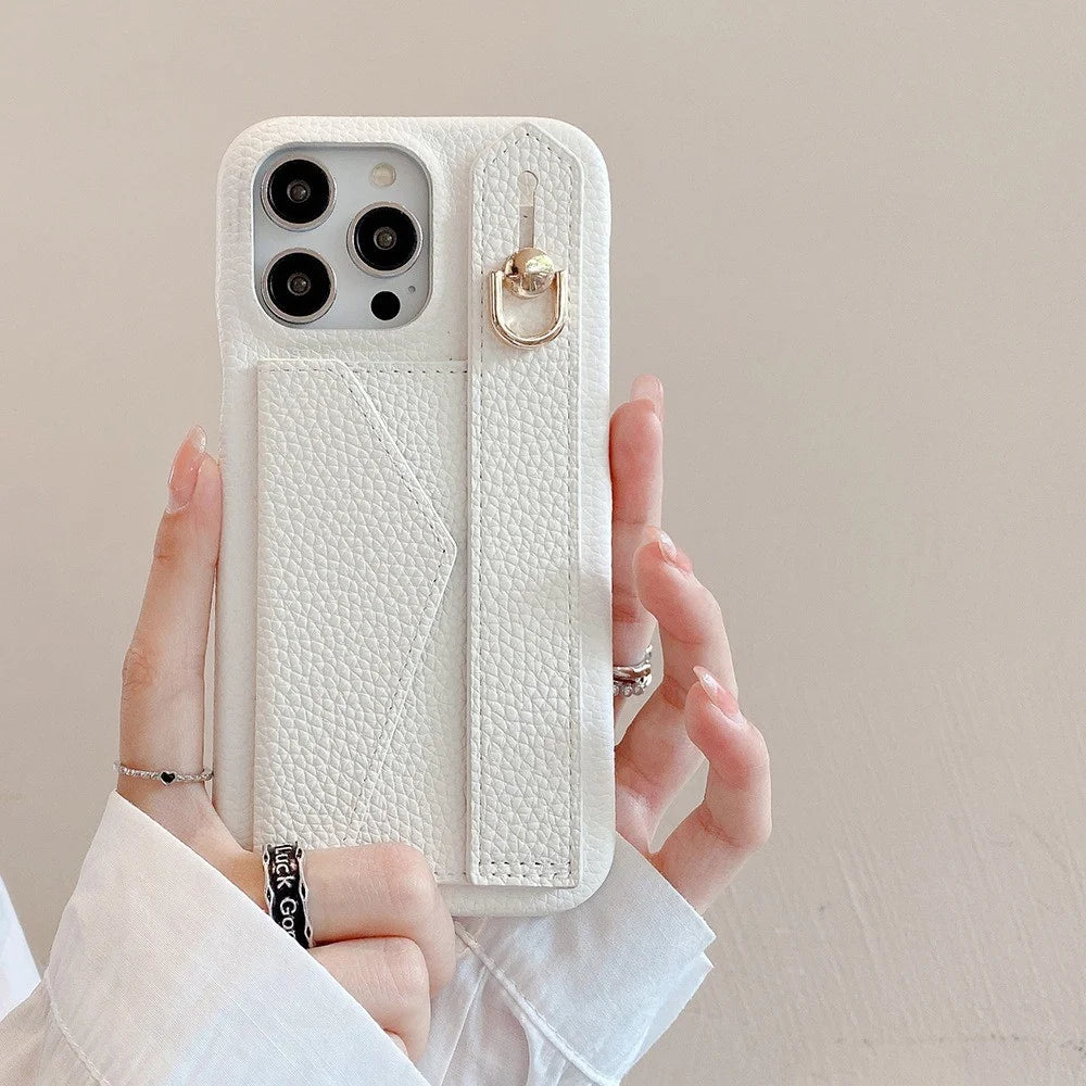 For iPhone 16 Pro Case Wristband Kickstand Card Slot PU Leather+PET Phone Cover - White - 7