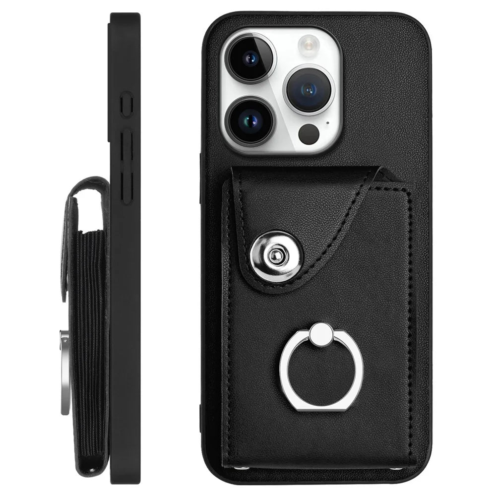 For iPhone 16 Pro Max Case YB Leather Coating Series-7 Card Holder Leather TPU Phone Cover with Kickstand - Black - 1