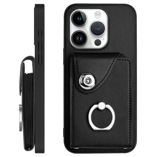 For iPhone 16 Pro Max Case YB Leather Coating Series-7 Card Holder Leather TPU Phone Cover with Kickstand - Black - 1