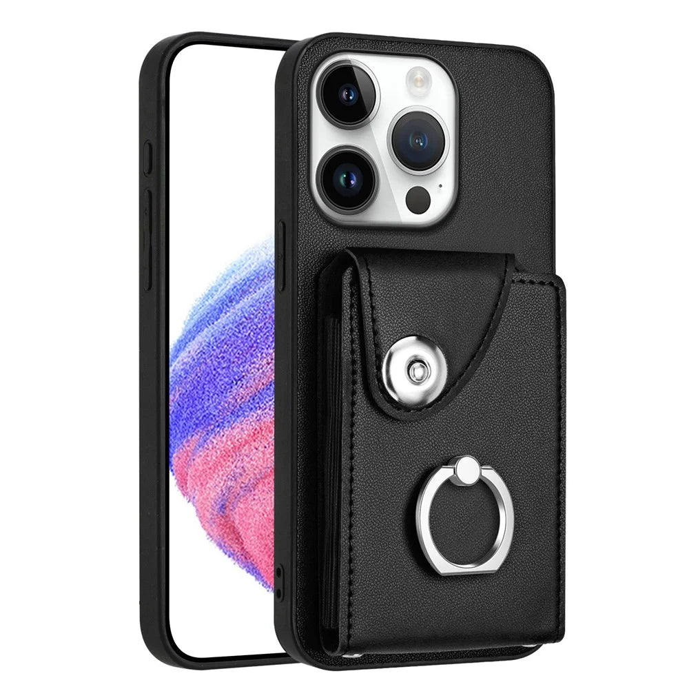 For iPhone 16 Pro Max Case YB Leather Coating Series-7 Card Holder Leather TPU Phone Cover with Kickstand - Black - 2