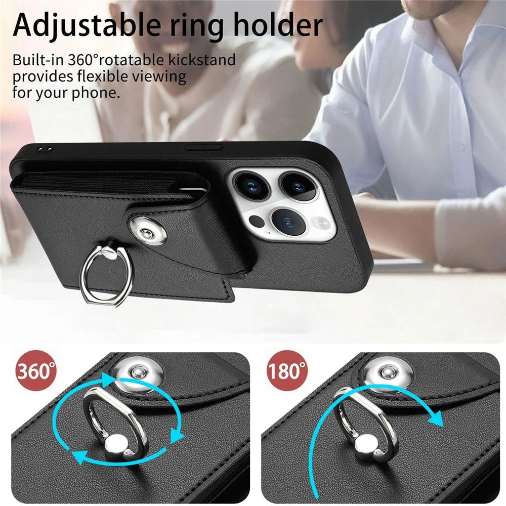 For iPhone 16 Pro Max Case YB Leather Coating Series-7 Card Holder Leather TPU Phone Cover with Kickstand - Black - 4