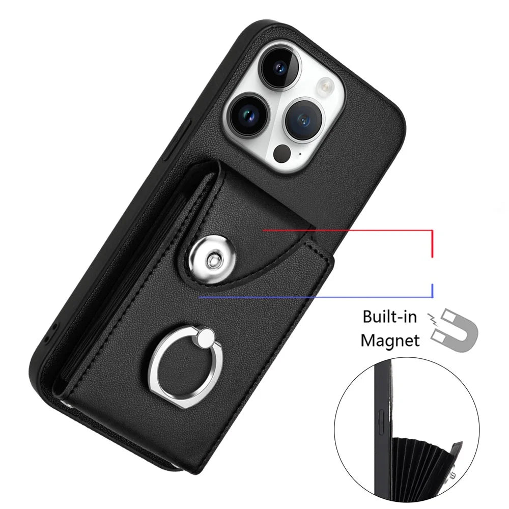 For iPhone 16 Pro Max Case YB Leather Coating Series-7 Card Holder Leather TPU Phone Cover with Kickstand - Black - 6