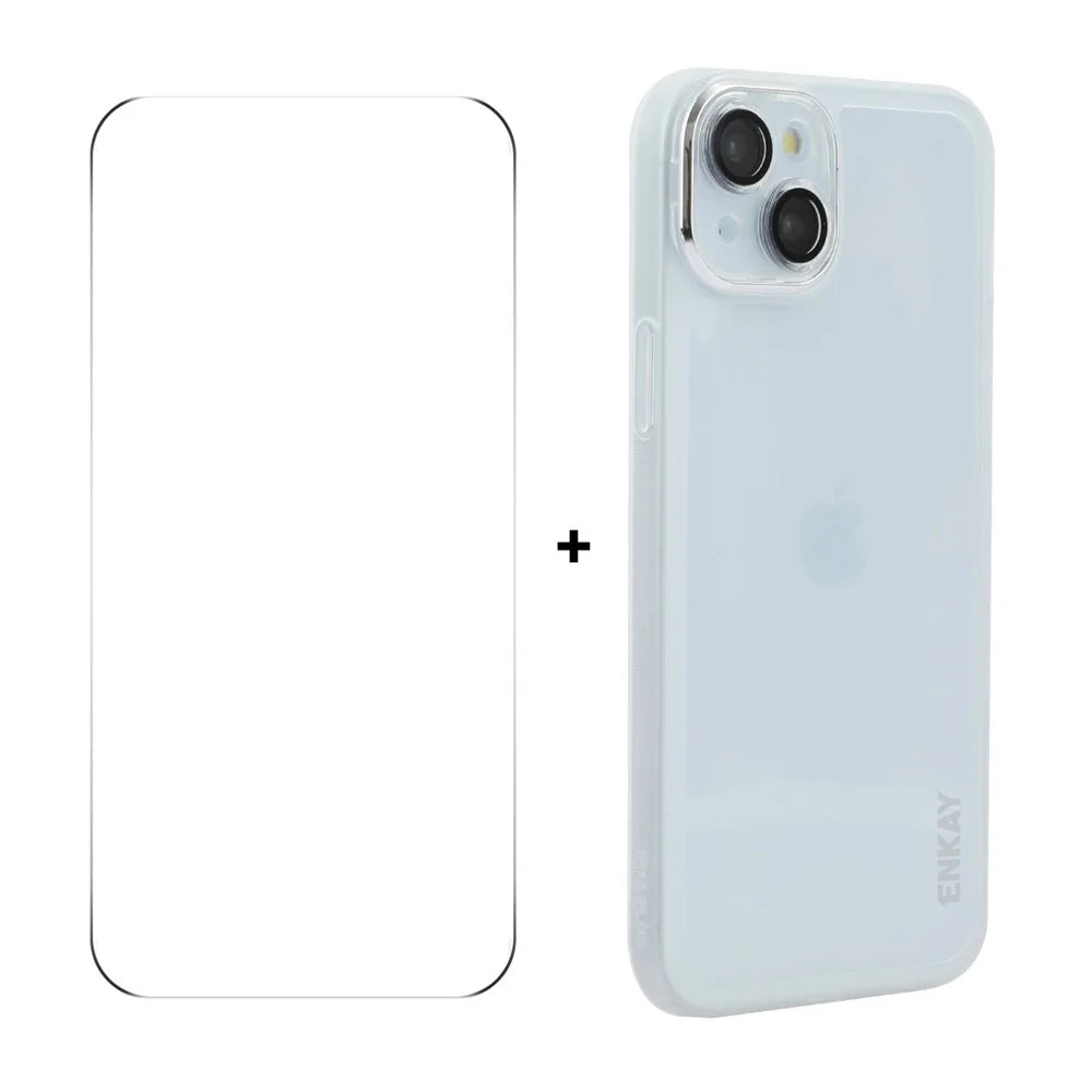 ENKAY HAT PRINCE For iPhone 14 Plus   Case Matte TPU Phone Cover with Lens Film + 9H Glass Protector - White - 1
