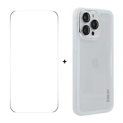 ENKAY HAT PRINCE For iPhone 15 Pro   Case Matte TPU Phone Cover with Lens Film + 9H Glass Protector - White - 1
