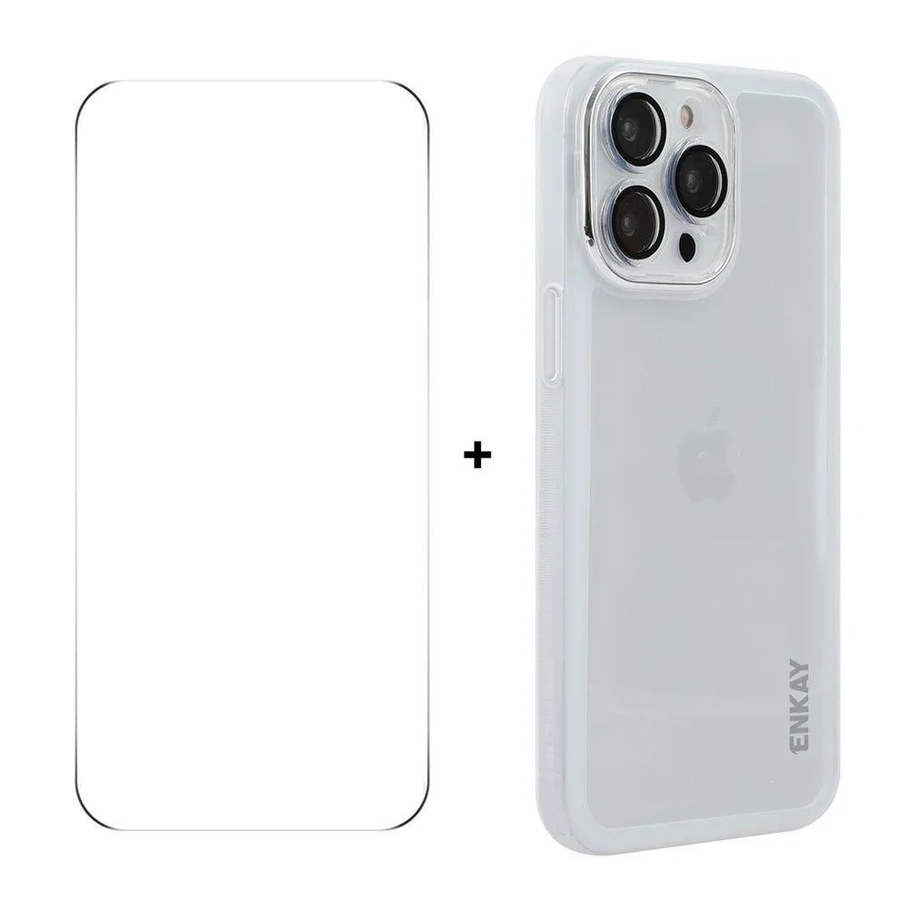 ENKAY HAT PRINCE For iPhone 15 Pro Max   Case Matte TPU Phone Cover with Lens Film + 9H Glass Protector - White - 1