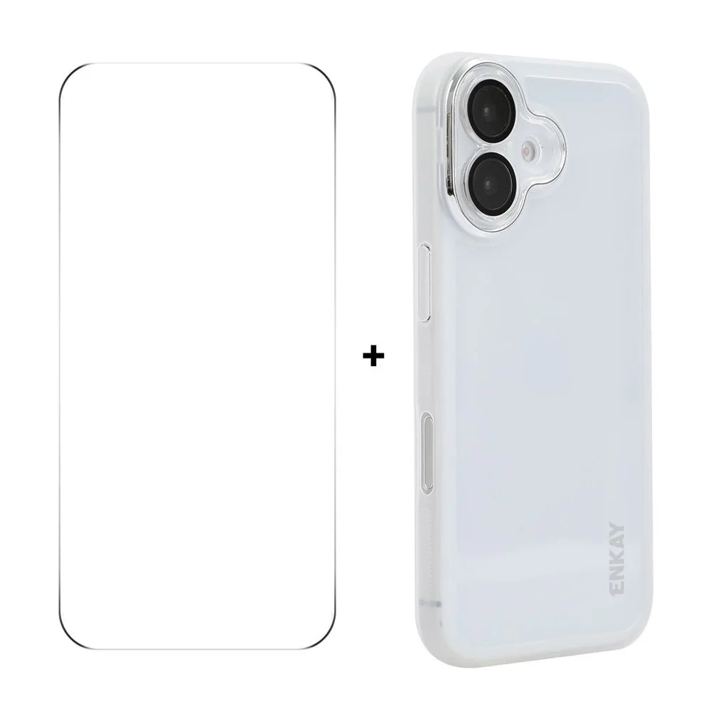 ENKAY HAT PRINCE For iPhone 16 Plus   Case Matte TPU Phone Cover with Lens Film + 9H Glass Protector - White - 1