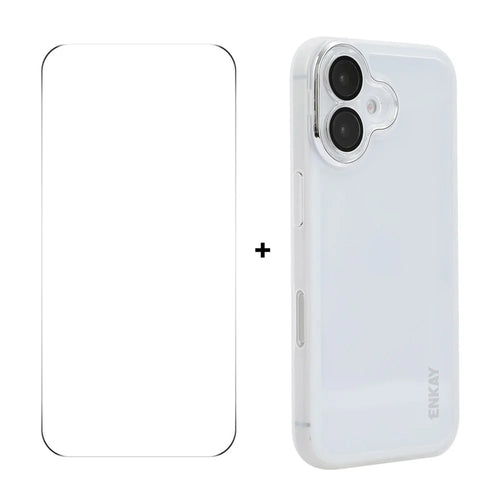 ENKAY HAT PRINCE For iPhone 16   Case Matte TPU Phone Cover with Lens Film + 9H Glass Protector - White - 1