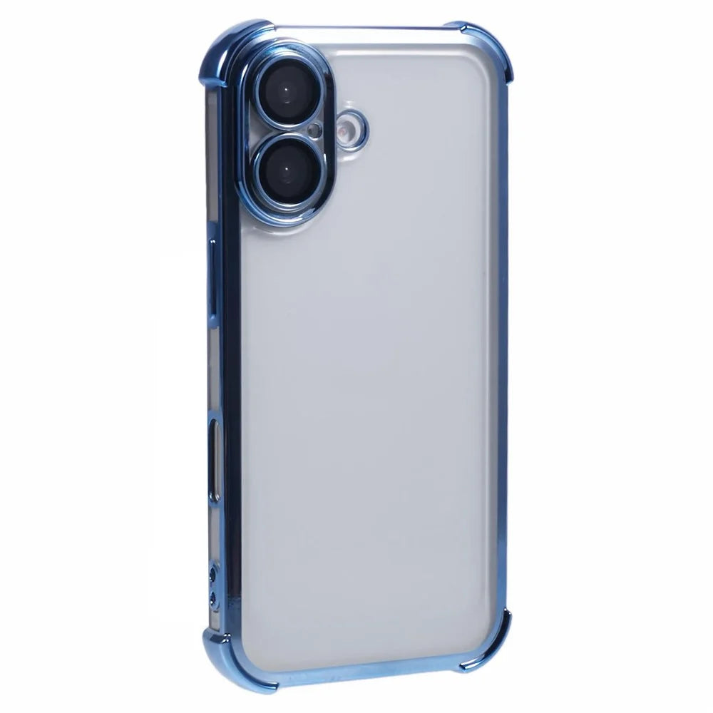 For iPhone 16 Case Electroplating Clear TPU Phone Cover with Lens Film - Blue - 1