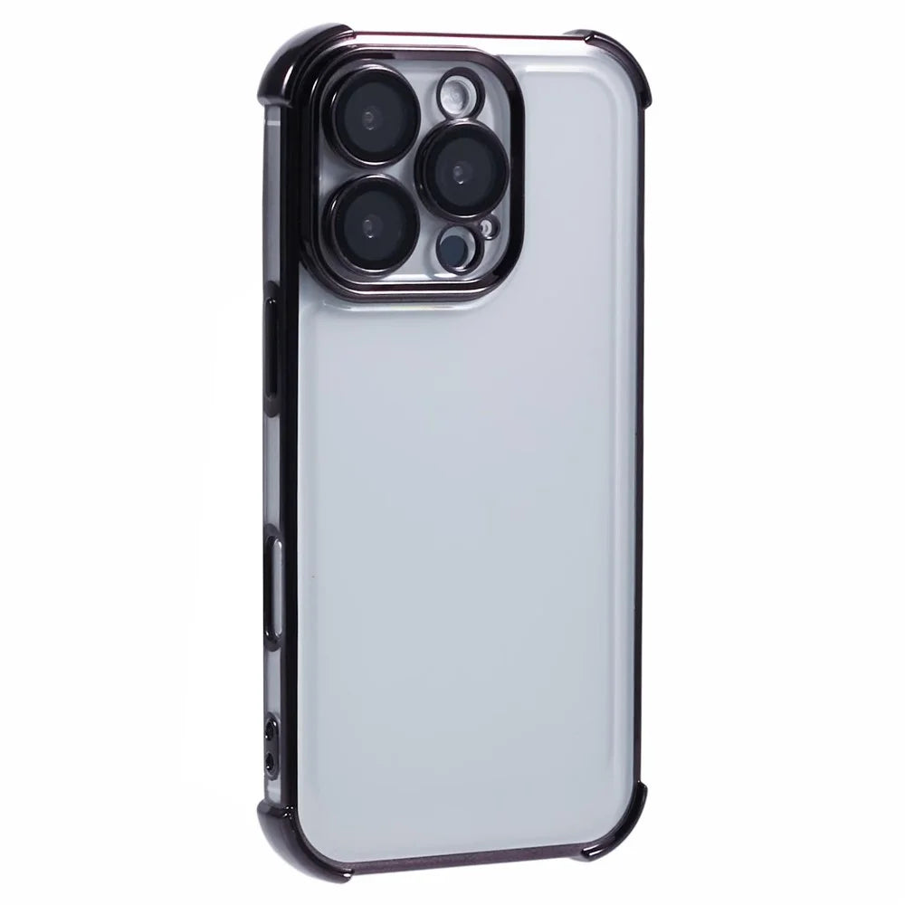For iPhone 16 Pro Case Electroplating Clear TPU Phone Cover with Lens Film - Black - 1