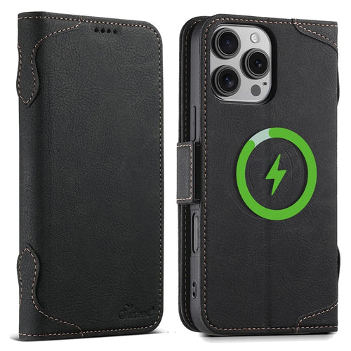 SUTENI J07 For iPhone 16 Pro Max Case Compatible with MagSafe Litchi Texture Leather Wallet Phone Cover - Black - 1