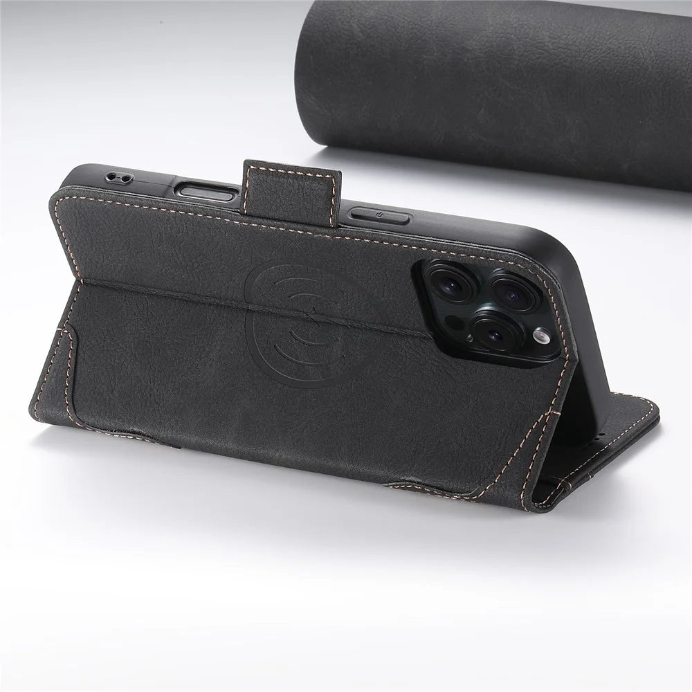 SUTENI J07 For iPhone 16 Pro Max Case Compatible with MagSafe Litchi Texture Leather Wallet Phone Cover - Black - 3
