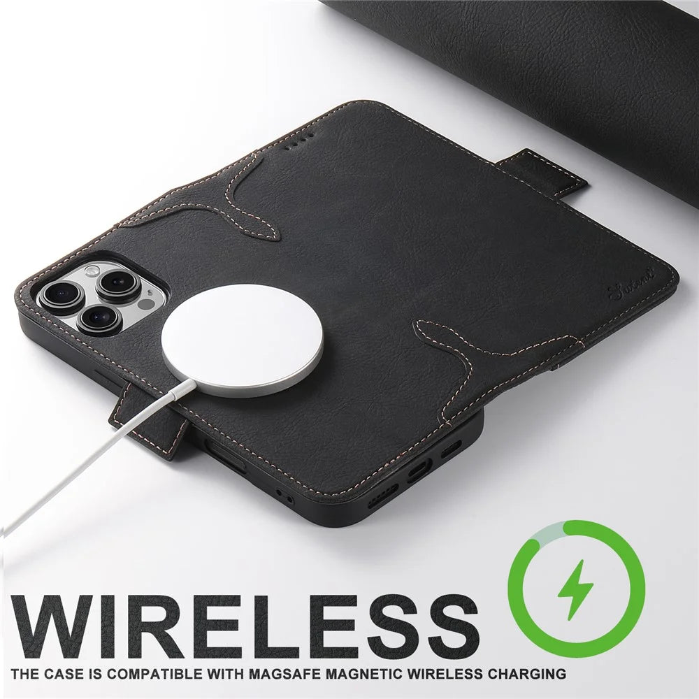 SUTENI J07 For iPhone 16 Pro Max Case Compatible with MagSafe Litchi Texture Leather Wallet Phone Cover - Black - 4