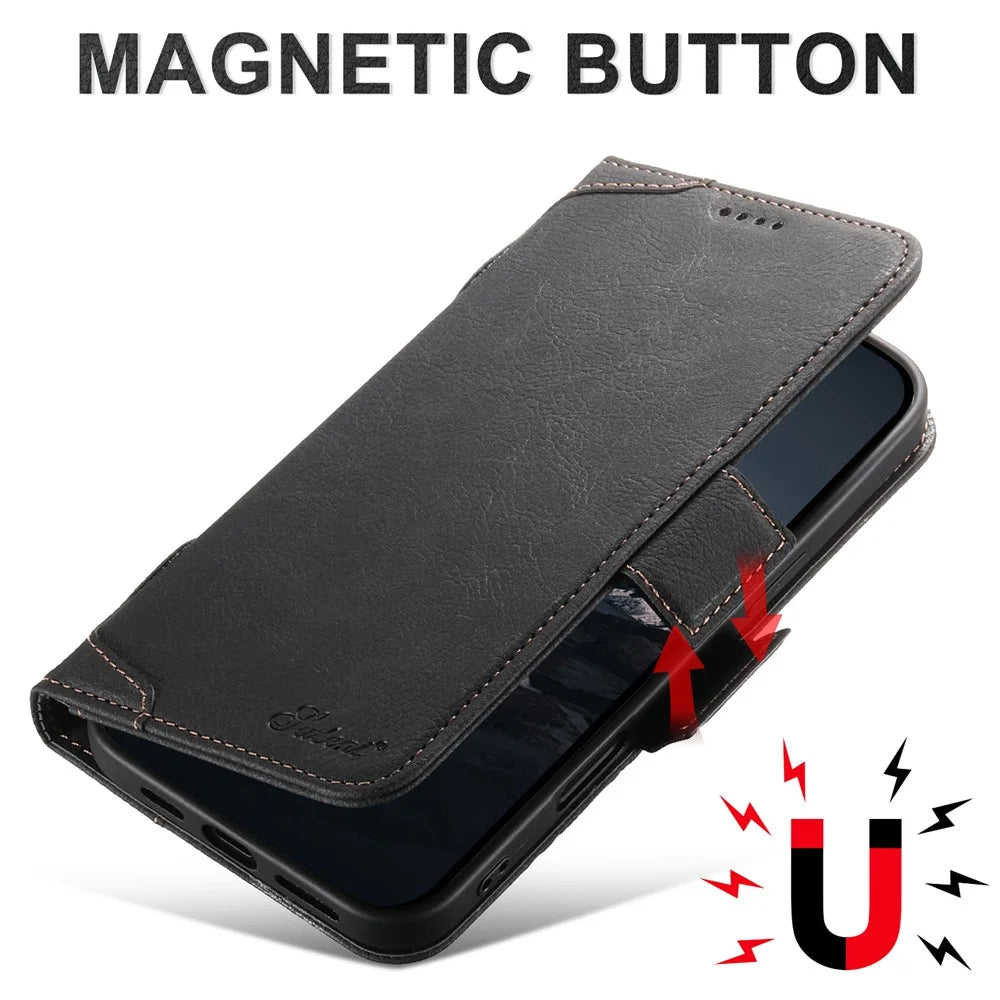 SUTENI J07 For iPhone 16 Pro Max Case Compatible with MagSafe Litchi Texture Leather Wallet Phone Cover - Black - 5