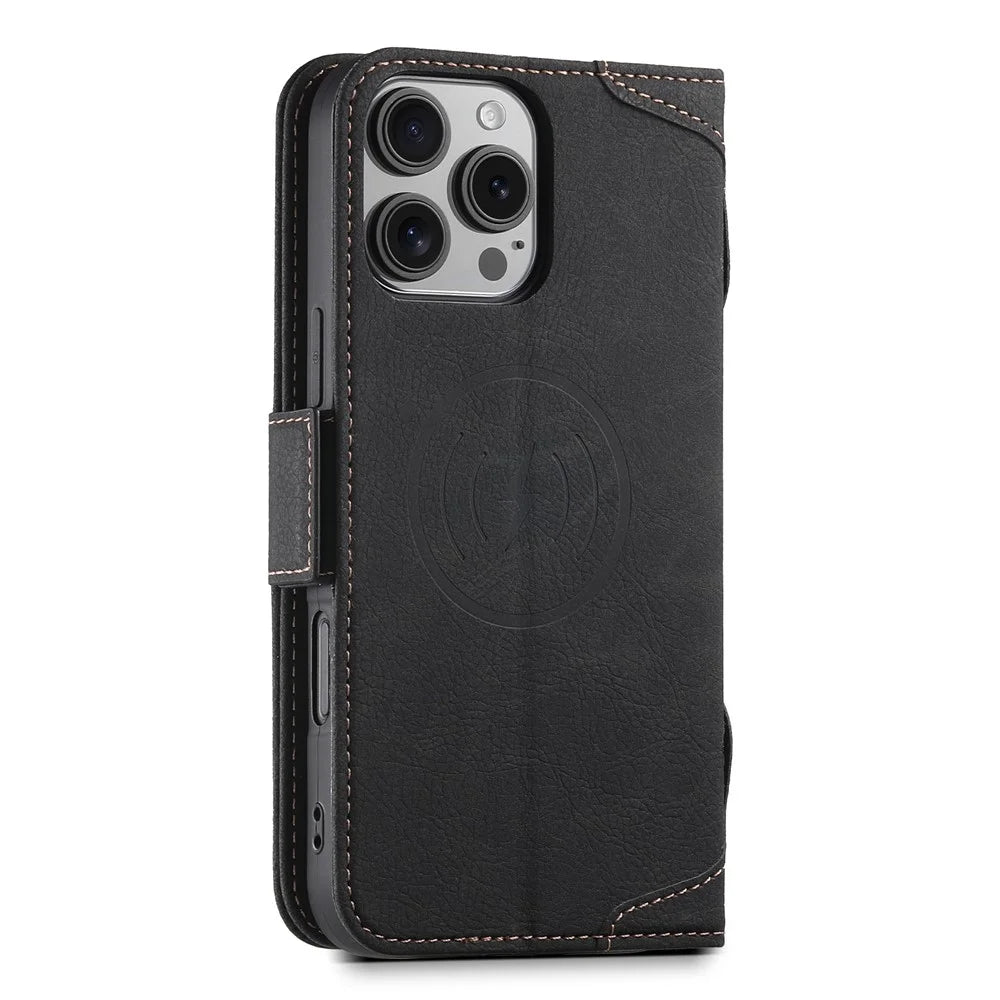 SUTENI J07 For iPhone 16 Pro Max Case Compatible with MagSafe Litchi Texture Leather Wallet Phone Cover - Black - 7