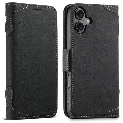 SUTENI J07 For iPhone 16 Case Compatible with MagSafe Litchi Texture Leather Wallet Phone Cover - Black - 1
