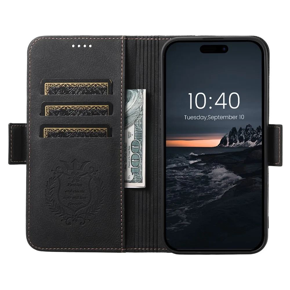 SUTENI J07 For iPhone 16 Case Compatible with MagSafe Litchi Texture Leather Wallet Phone Cover - Black - 2