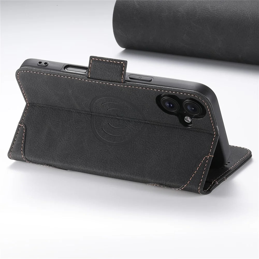 SUTENI J07 For iPhone 16 Case Compatible with MagSafe Litchi Texture Leather Wallet Phone Cover - Black - 3