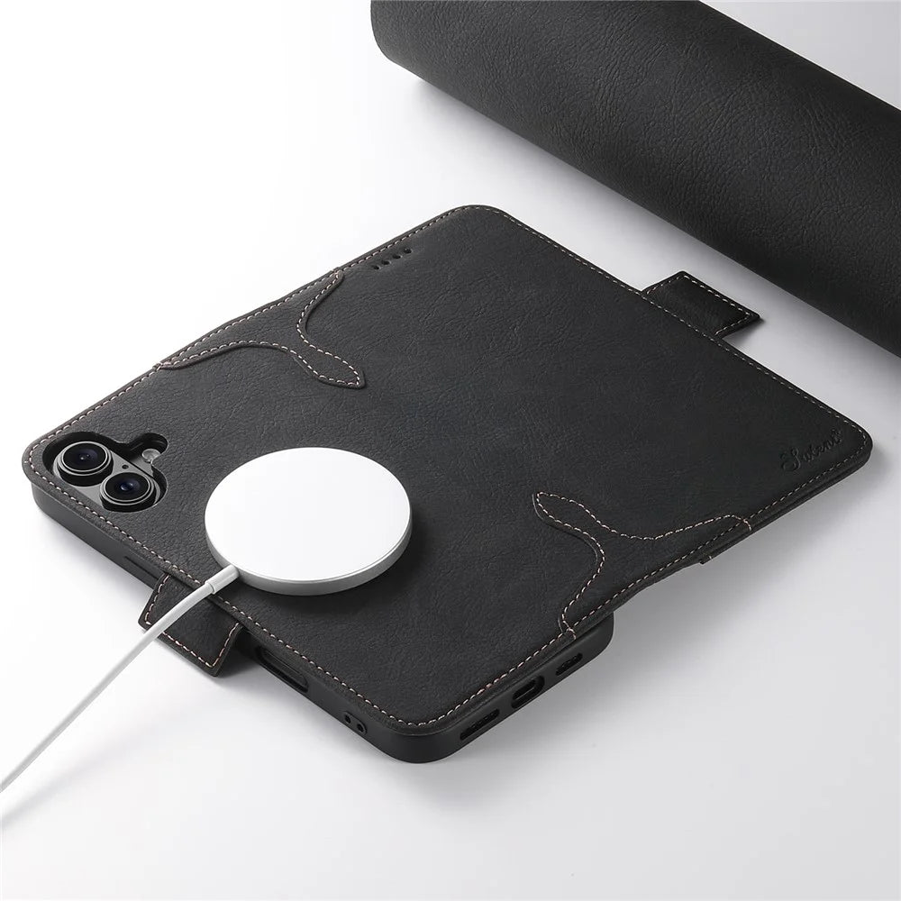 SUTENI J07 For iPhone 16 Case Compatible with MagSafe Litchi Texture Leather Wallet Phone Cover - Black - 4