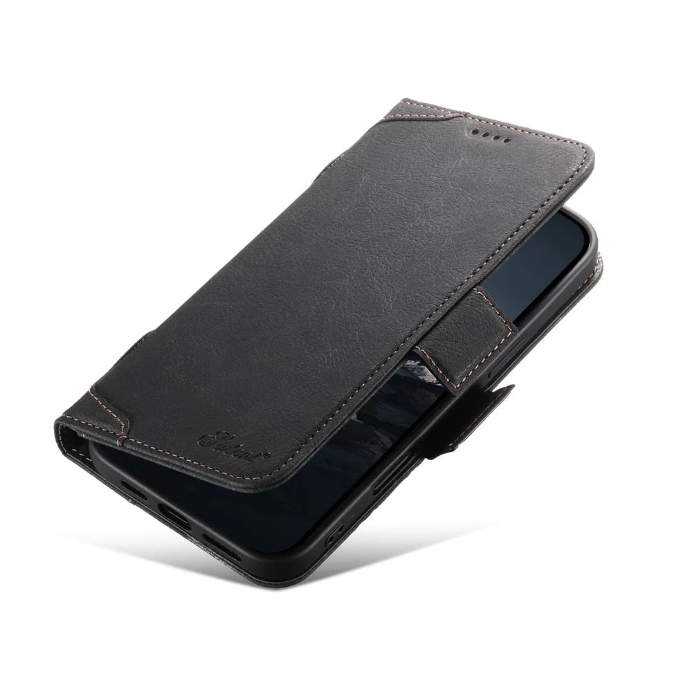 SUTENI J07 For iPhone 16 Case Compatible with MagSafe Litchi Texture Leather Wallet Phone Cover - Black - 5