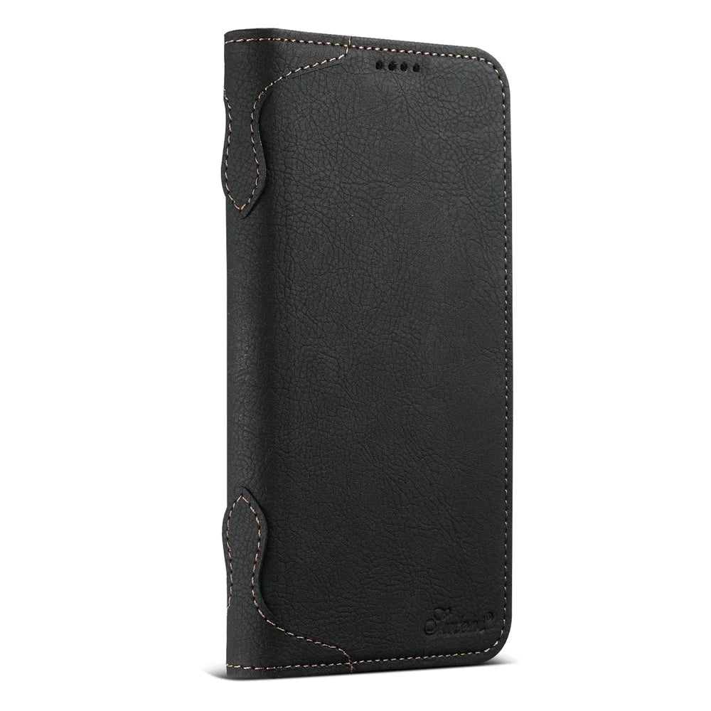 SUTENI J07 For iPhone 16 Case Compatible with MagSafe Litchi Texture Leather Wallet Phone Cover - Black - 6