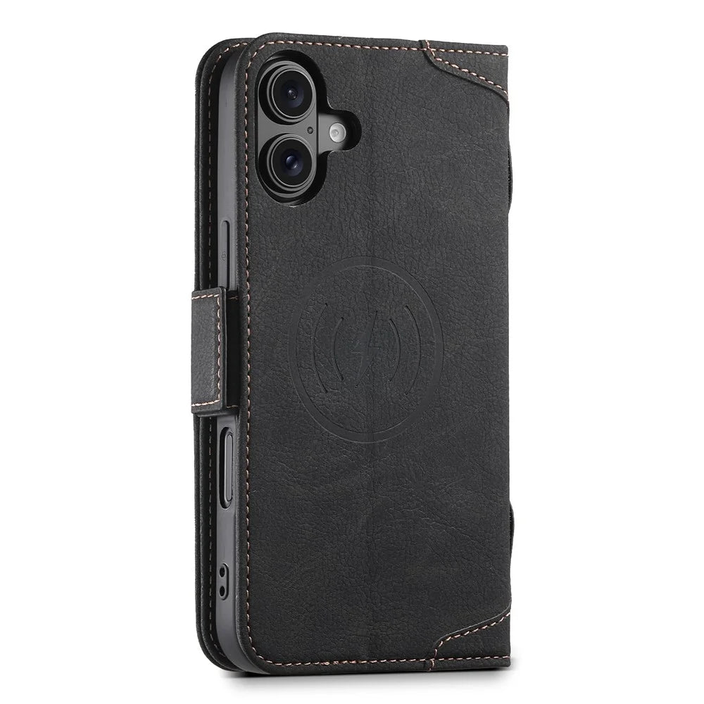 SUTENI J07 For iPhone 16 Case Compatible with MagSafe Litchi Texture Leather Wallet Phone Cover - Black - 7