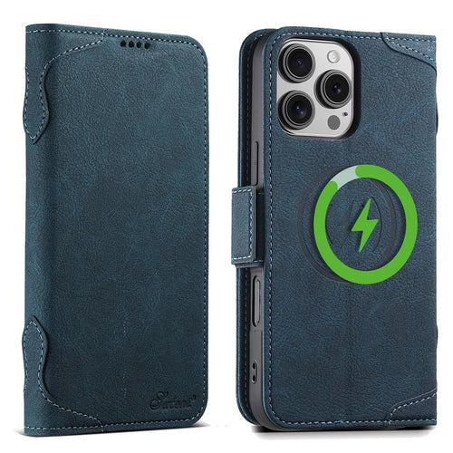 SUTENI J07 For iPhone 16 Pro Case Compatible with MagSafe Litchi Texture Leather Wallet Phone Cover - Blue - 1