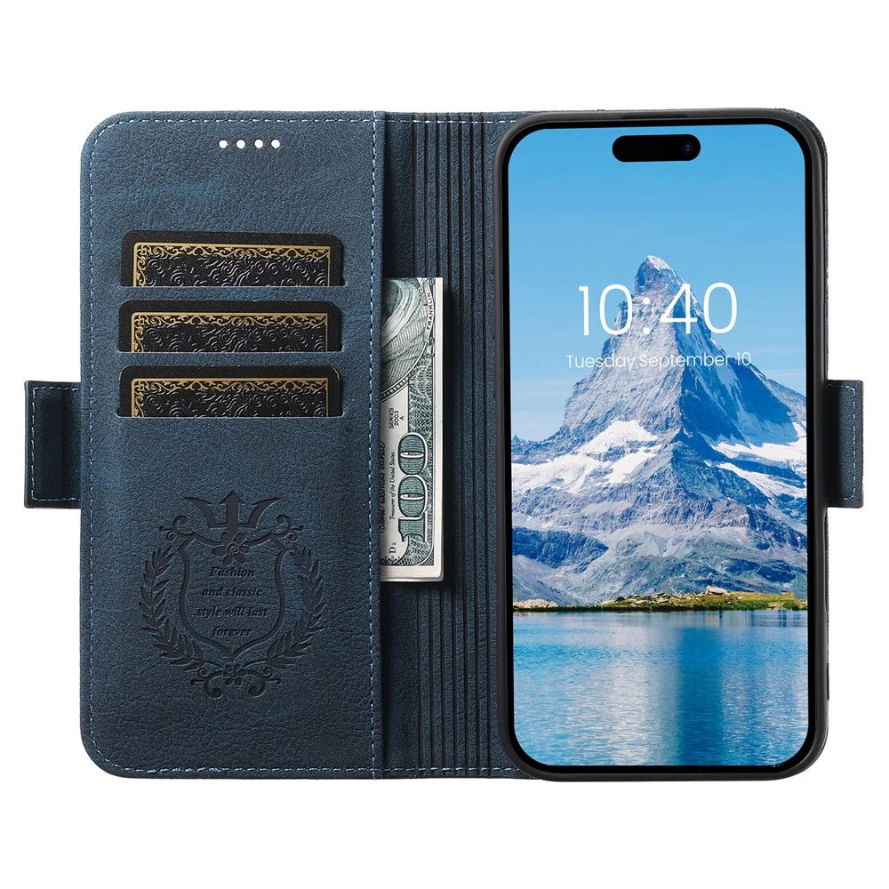 SUTENI J07 For iPhone 16 Pro Case Compatible with MagSafe Litchi Texture Leather Wallet Phone Cover - Blue - 2