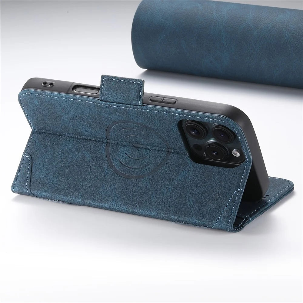 SUTENI J07 For iPhone 16 Pro Case Compatible with MagSafe Litchi Texture Leather Wallet Phone Cover - Blue - 3
