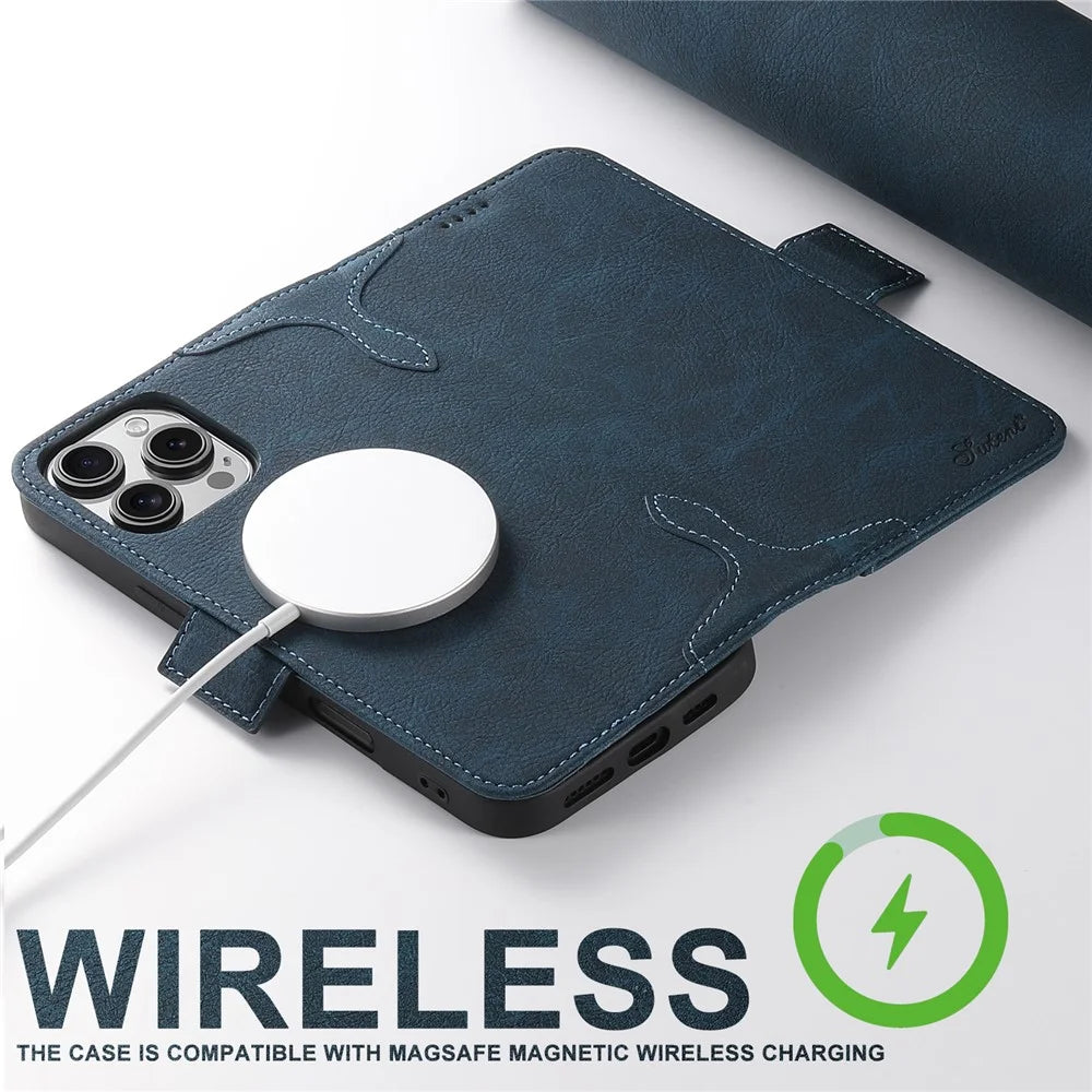 SUTENI J07 For iPhone 16 Pro Case Compatible with MagSafe Litchi Texture Leather Wallet Phone Cover - Blue - 4