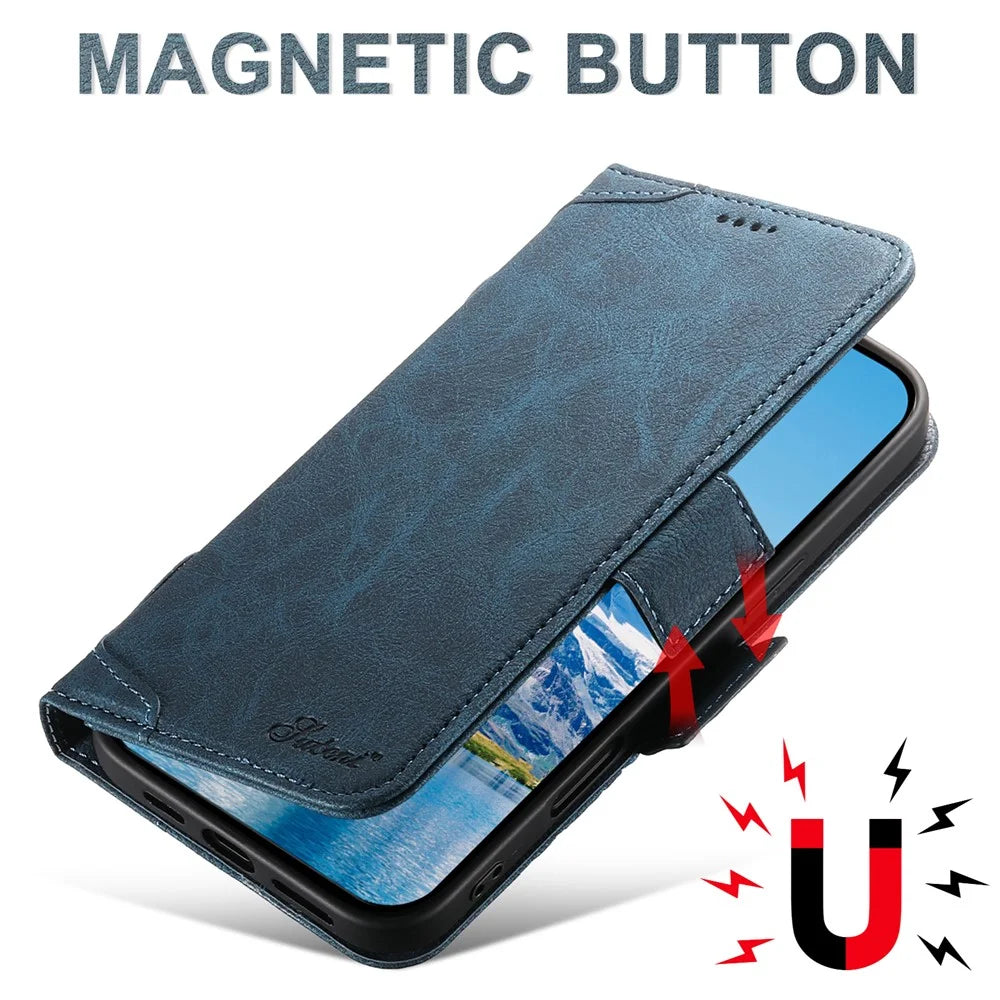 SUTENI J07 For iPhone 16 Pro Case Compatible with MagSafe Litchi Texture Leather Wallet Phone Cover - Blue - 5