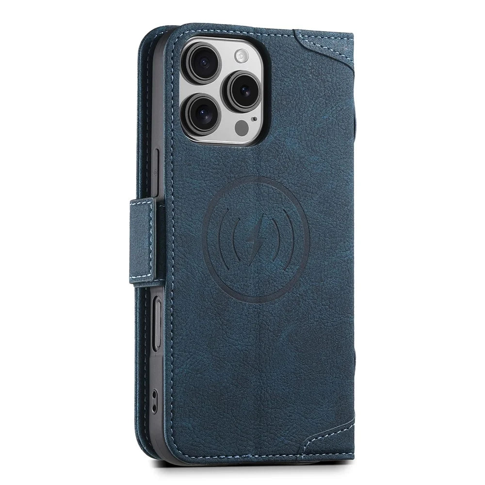 SUTENI J07 For iPhone 16 Pro Case Compatible with MagSafe Litchi Texture Leather Wallet Phone Cover - Blue - 7