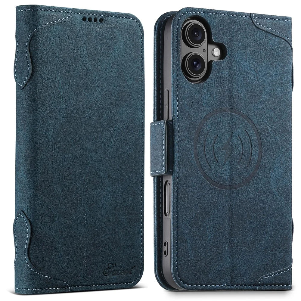 SUTENI J07 For iPhone 16 Plus Case Compatible with MagSafe Litchi Texture Leather Wallet Phone Cover - Blue - 1