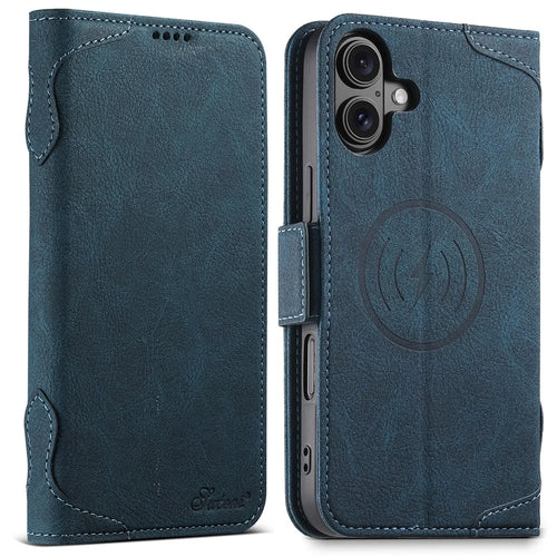 SUTENI J07 For iPhone 16 Plus Case Compatible with MagSafe Litchi Texture Leather Wallet Phone Cover - Blue - 1