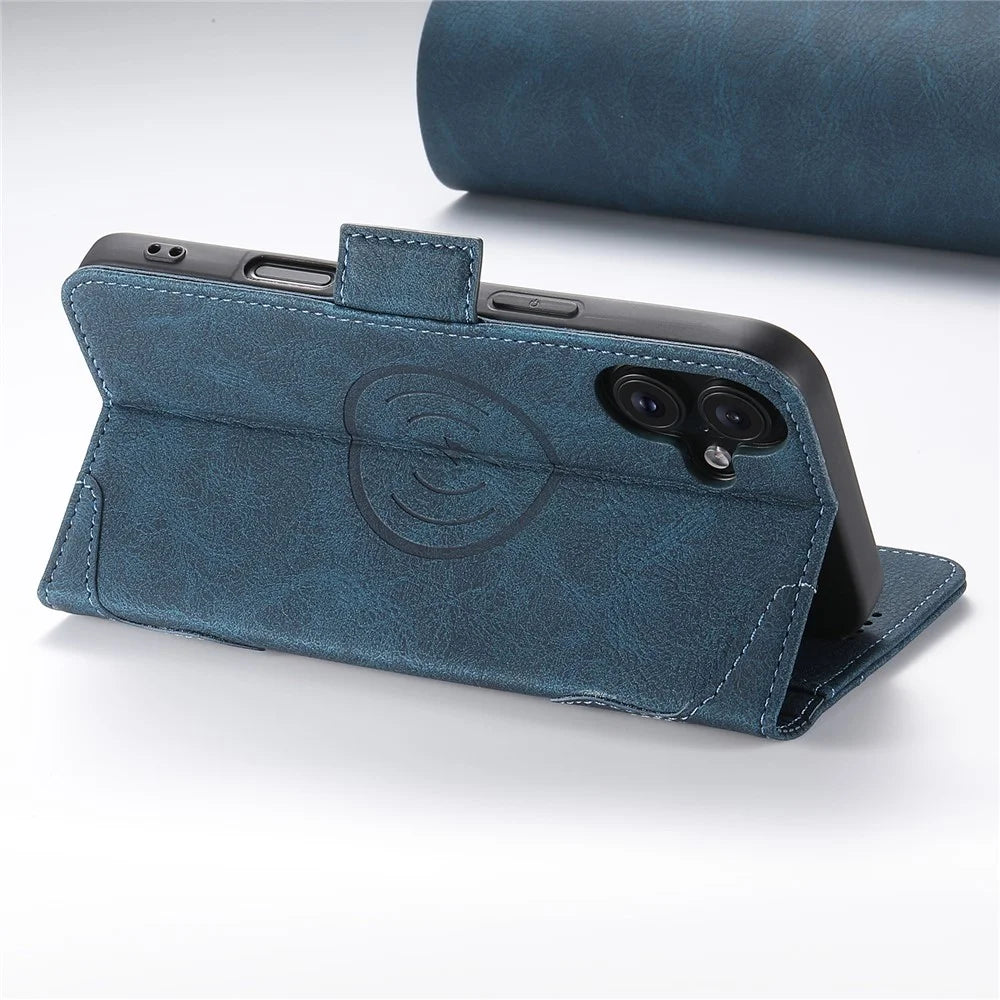 SUTENI J07 For iPhone 16 Plus Case Compatible with MagSafe Litchi Texture Leather Wallet Phone Cover - Blue - 3