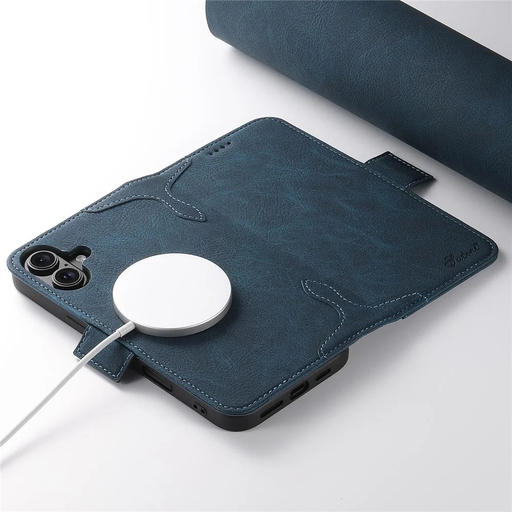 SUTENI J07 For iPhone 16 Plus Case Compatible with MagSafe Litchi Texture Leather Wallet Phone Cover - Blue - 4