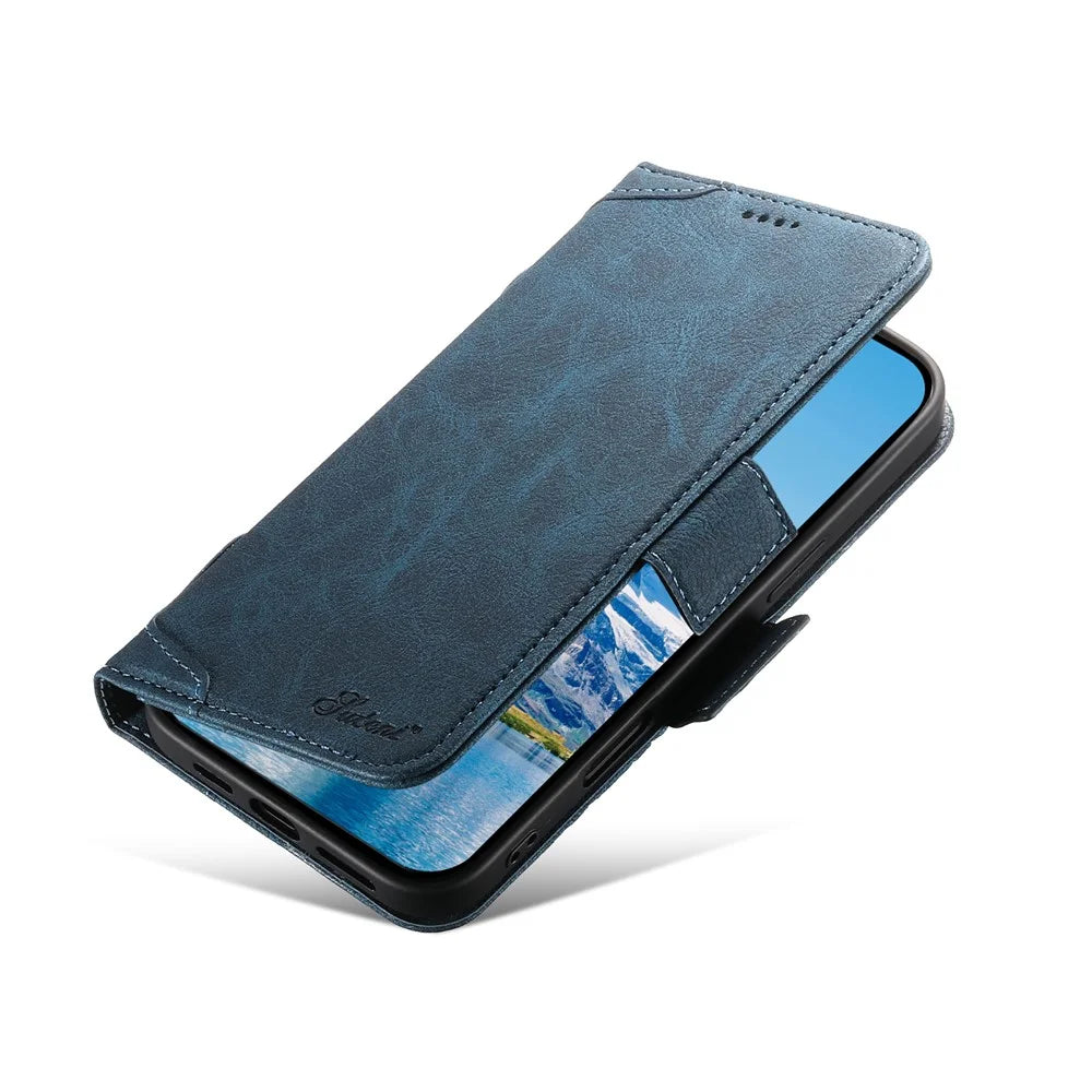 SUTENI J07 For iPhone 16 Plus Case Compatible with MagSafe Litchi Texture Leather Wallet Phone Cover - Blue - 5