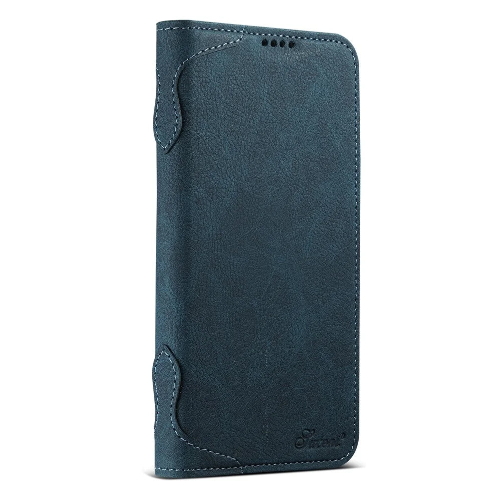 SUTENI J07 For iPhone 16 Plus Case Compatible with MagSafe Litchi Texture Leather Wallet Phone Cover - Blue - 6