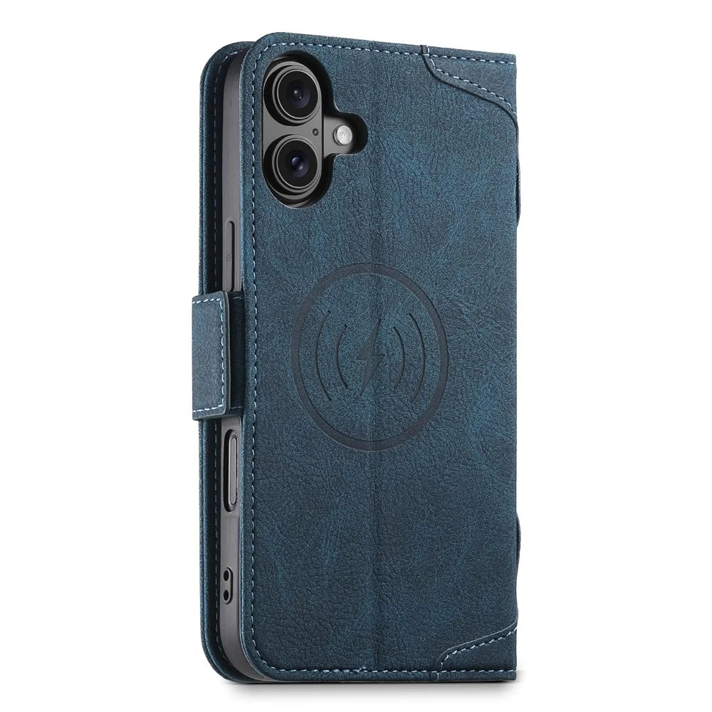 SUTENI J07 For iPhone 16 Plus Case Compatible with MagSafe Litchi Texture Leather Wallet Phone Cover - Blue - 7