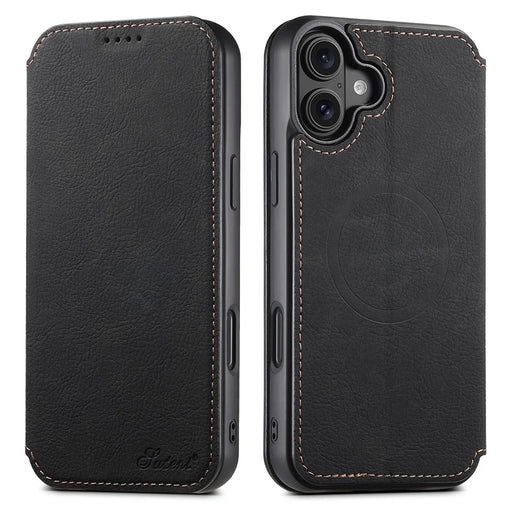 SUTENI J06 For iPhone 16 Plus Case Litchi Texture Leather Wallet Phone Shell Compatible with MagSafe - Black - 1