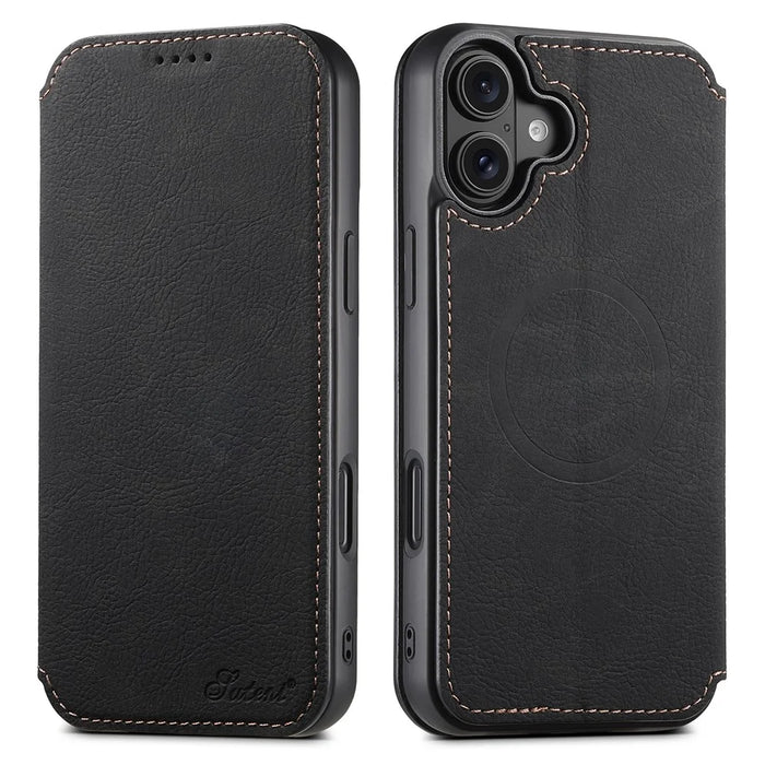SUTENI J06 For iPhone 16 Plus Case Litchi Texture Leather Wallet Phone Shell Compatible with MagSafe - Black - 1