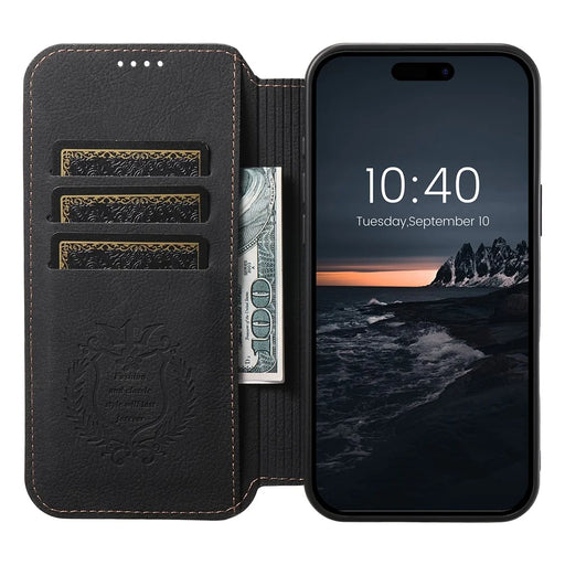 SUTENI J06 For iPhone 16 Plus Case Litchi Texture Leather Wallet Phone Shell Compatible with MagSafe - Black - 2