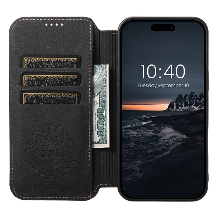 SUTENI J06 For iPhone 16 Plus Case Litchi Texture Leather Wallet Phone Shell Compatible with MagSafe - Black - 2