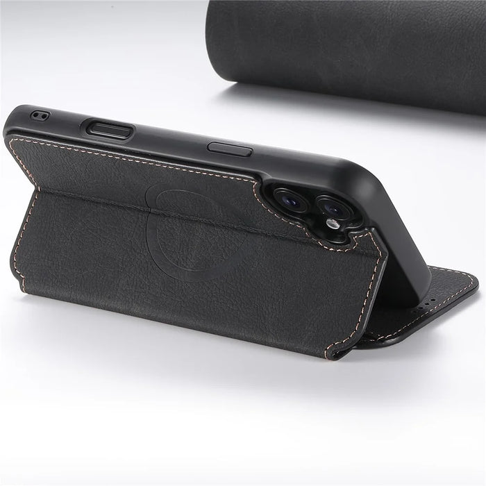 SUTENI J06 For iPhone 16 Plus Case Litchi Texture Leather Wallet Phone Shell Compatible with MagSafe - Black - 3