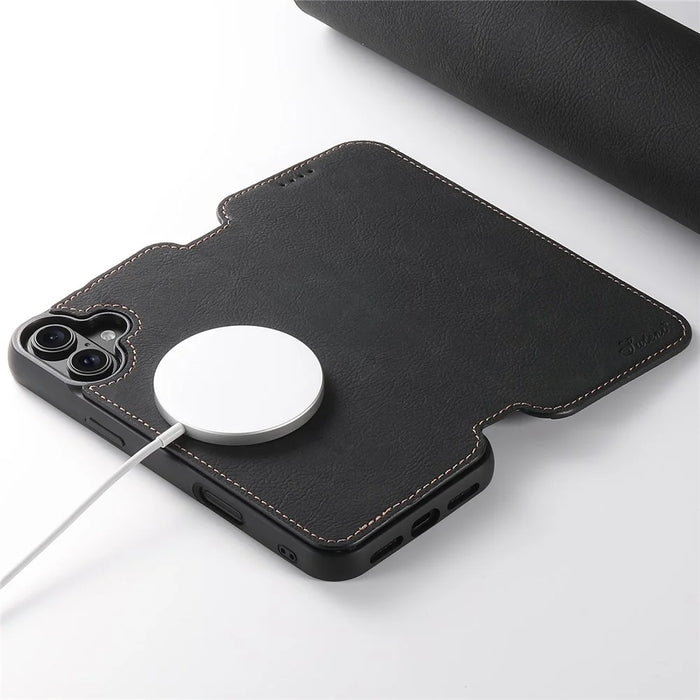 SUTENI J06 For iPhone 16 Plus Case Litchi Texture Leather Wallet Phone Shell Compatible with MagSafe - Black - 4