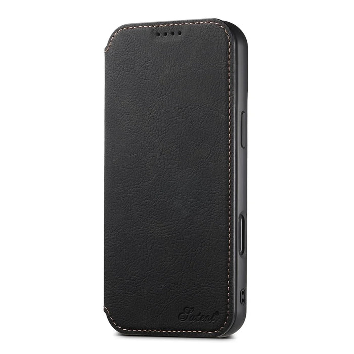 SUTENI J06 For iPhone 16 Plus Case Litchi Texture Leather Wallet Phone Shell Compatible with MagSafe - Black - 6