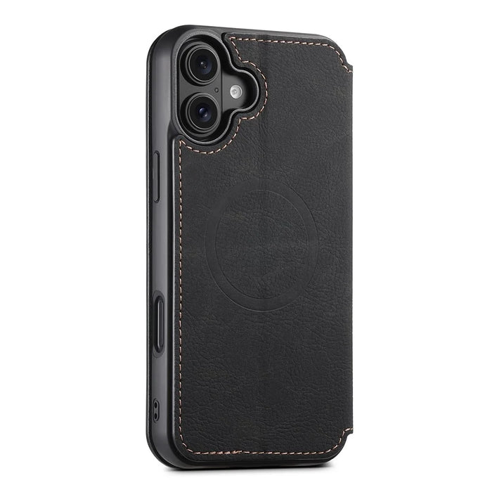 SUTENI J06 For iPhone 16 Plus Case Litchi Texture Leather Wallet Phone Shell Compatible with MagSafe - Black - 7