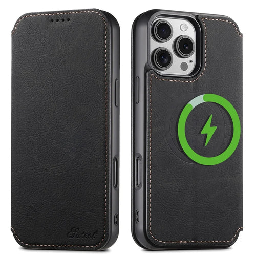 SUTENI J06 For iPhone 16 Pro Max Case Litchi Texture Leather Wallet Phone Shell Compatible with MagSafe - Black - 1